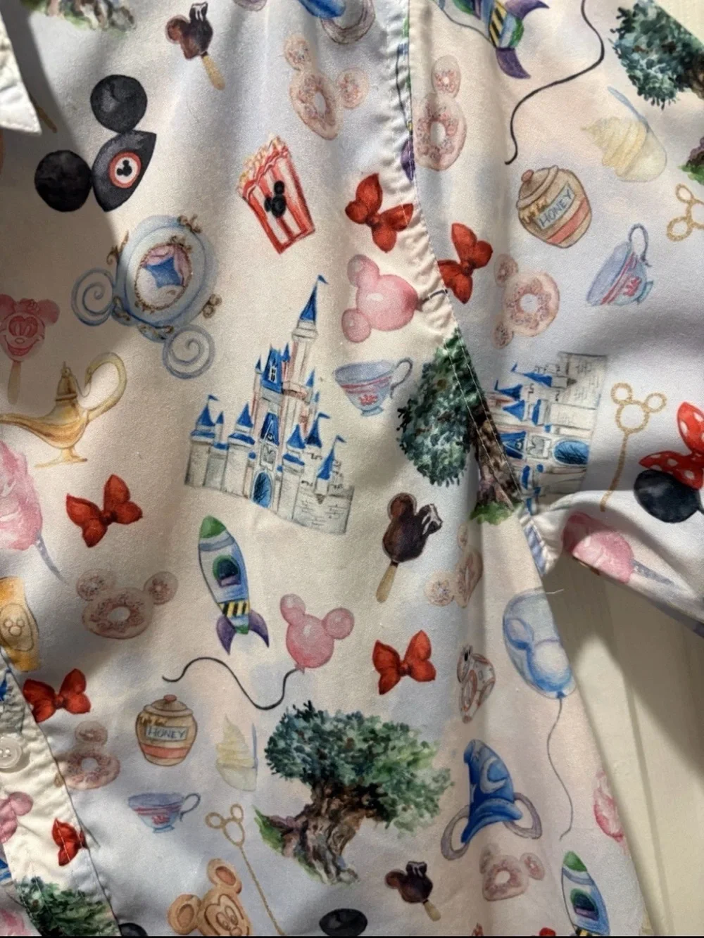 Rainbow White Short Sleeve Button-Down Shirt with Multicolor Theme Park Print